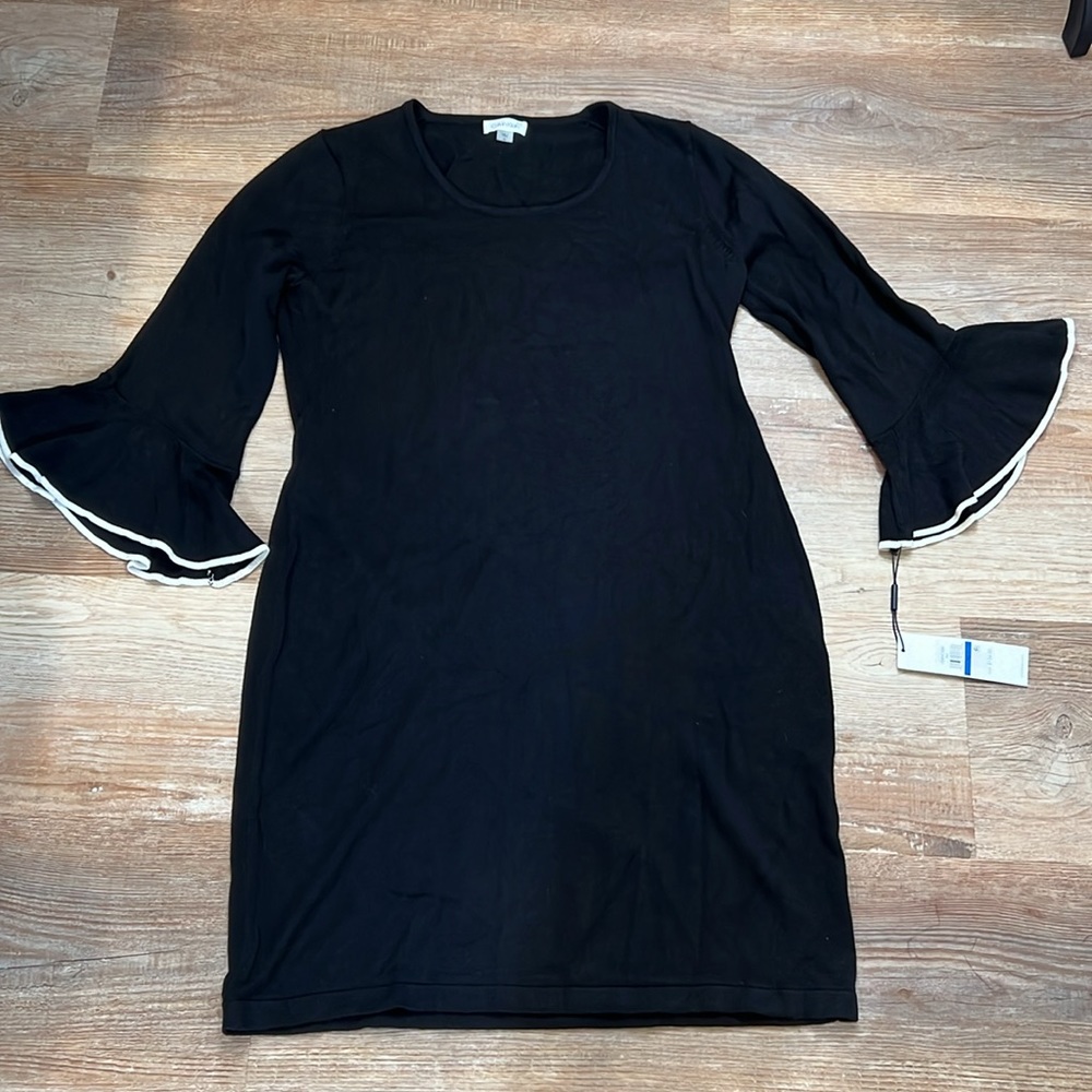 Calvin Klein Womens Bell Sleeves Holiday Sweaterdress Black-Ivory-XL